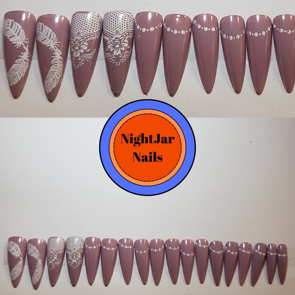 Feather Lilac Light Purple Nails with Pearls Handmade